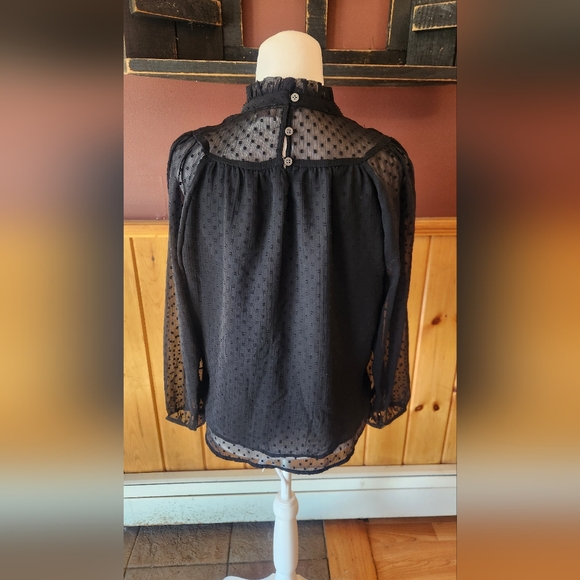 Ann Taylor Loft Clip Dot Shirred Ruffle Neck Blouse Black XS - Picture 5 of 10